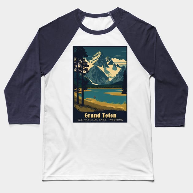 Grand Teton National Park Vintage Travel Poster Baseball T-Shirt by GreenMary Design